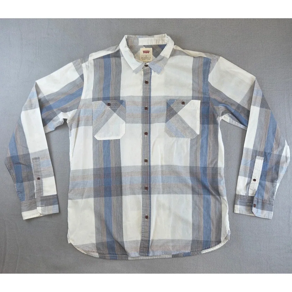 Levis Men's Blue White Plaid Long Sleeve Button Down Shirt XL Casual Lightweight